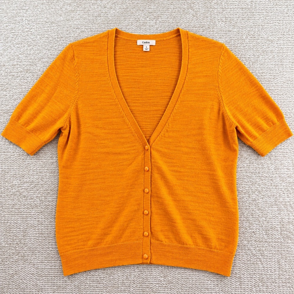 Caslon Cardigan Short Sleeve 100% Cotton Large Orange V-Neck Knit Button Up